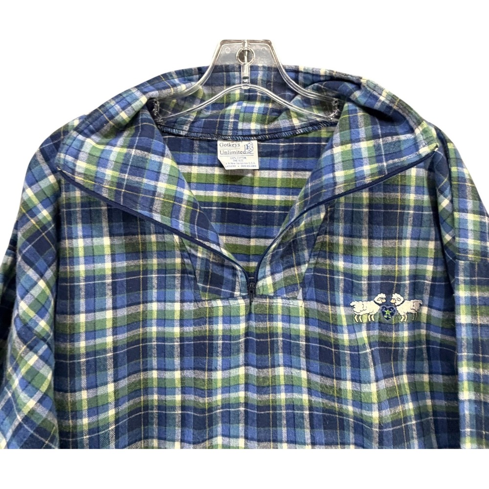 Vtg Gotkeys Unlimited Plaid Flannel Pullover Unisex OS Blue 1/4 Zip Cottage - Picture 2 of 12